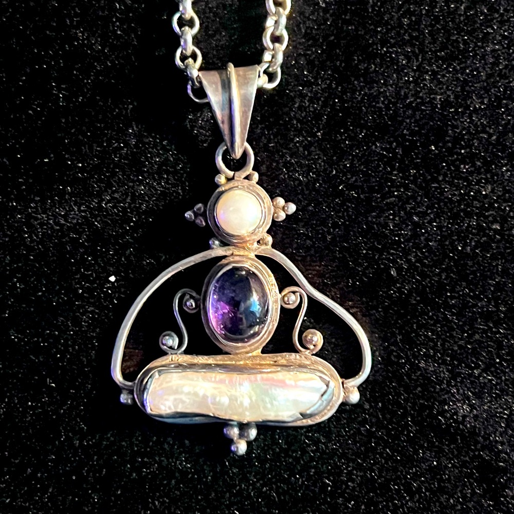 Unique, artisanal sterling silver with amethyst and mother of pearl pendant